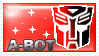 a red stamp featuring the autobot logo in red with text that says a-bot and has sparkles