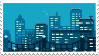 a stamp featuring a blue pixel city