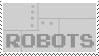 a stamp featuring grey pixelated plating and the word robots with a red heart in the upper right corner